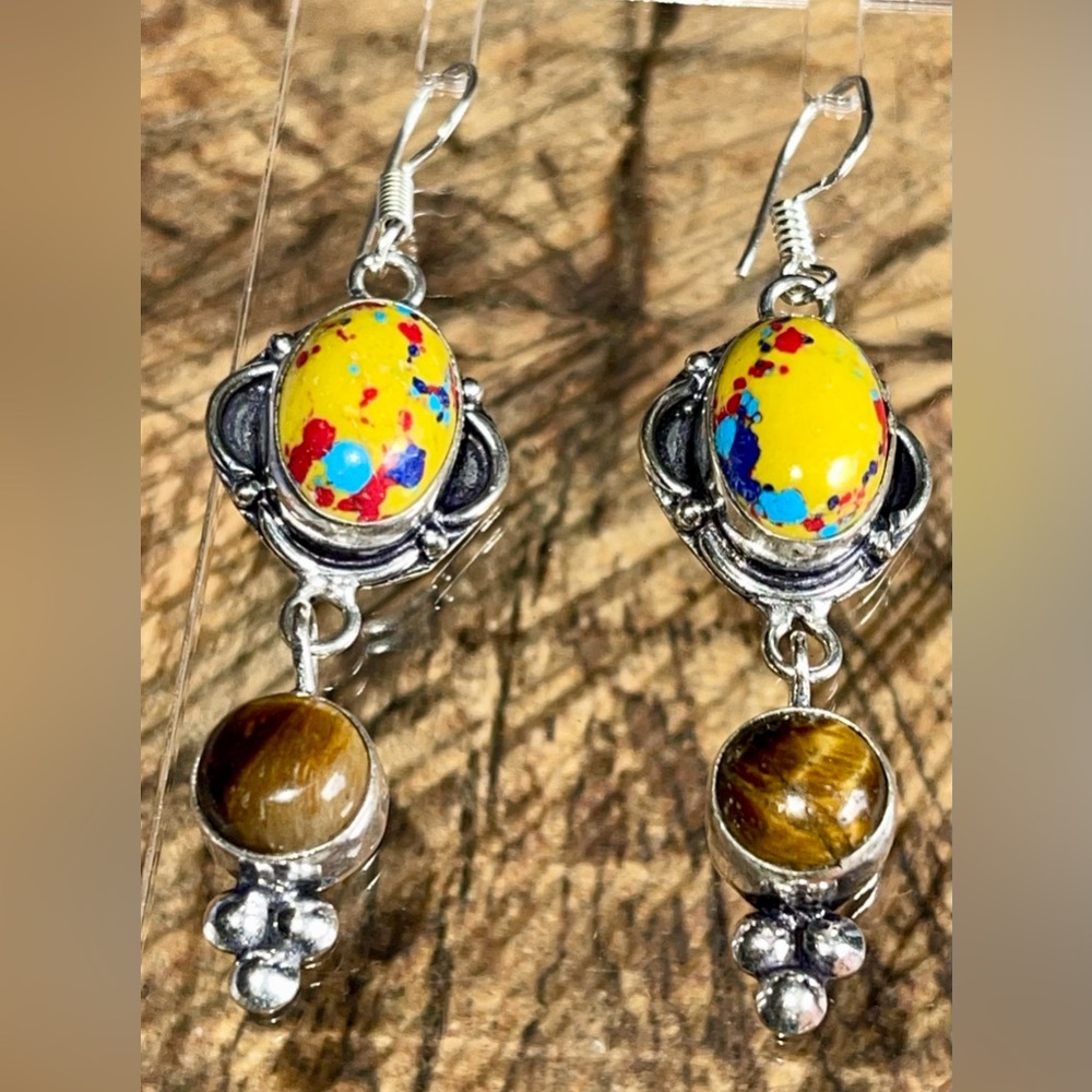 Colorful Howlite & Tigereye Earrings 2 1/2”